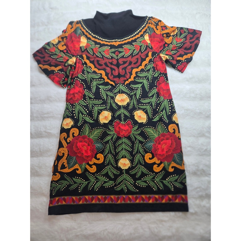 Farm Rio for Anthropologie Floral Mock Neck Mini Dress Black Red Yellow Small